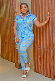 Timeless Treasures SHORT SLEEVE- 2pcs Collar Blouse and Leggings Set (New)