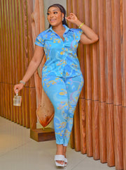 Timeless Treasures SHORT SLEEVE- 2pcs Collar Blouse and Leggings Set (New)