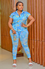 Timeless Treasures SHORT SLEEVE- 2pcs Collar Blouse and Leggings Set (New)