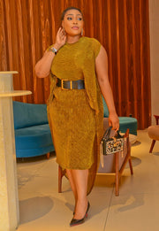 FINAL SALE! Wealthy Boss Lady- 2pc Metallic Mesh Miyaki Shawl Top/Midi Dress SET (CLEARANCE OUTLET! Final Sale/No Return/No Exchange!)