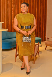 FINAL SALE! Wealthy Boss Lady- 2pc Metallic Mesh Miyaki Shawl Top/Midi Dress SET (CLEARANCE OUTLET! Final Sale/No Return/No Exchange!)