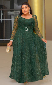 FINAL SALE! Goldiva Luxury- Shimmers Lace Ball Dress With Belt (CLEARANCE OUTLET! Final Sale/No Return/No Exchange!)