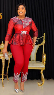 Teanna Embellished- 3pcs Jacquard Gemstone Blouse/Belt/Pant Set (NEW!)