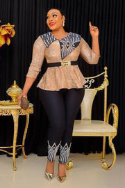 Teanna Embellished- 3pcs Jacquard Gemstone Blouse/Belt/Pant Set (NEW!)