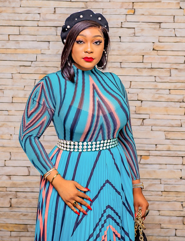 Arianne Pleats- Mesh long sleeve Blouse and LONG Pleated Skirt Set (New)