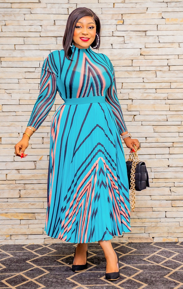 Arianne Pleats- Mesh long sleeve Blouse and LONG Pleated Skirt Set (New)