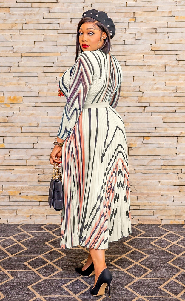 Arianne Pleats- Mesh long sleeve Blouse and LONG Pleated Skirt Set (New)