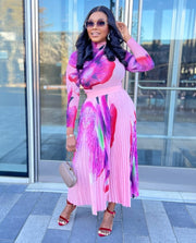 Latonia Pleats- Floral LONG SLEEVE Mesh Blouse and LONG Pleated Skirt Set (New)