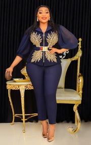 Audrey- 3pcs Embellished Mesh Blouse/Pant Set (NEW)