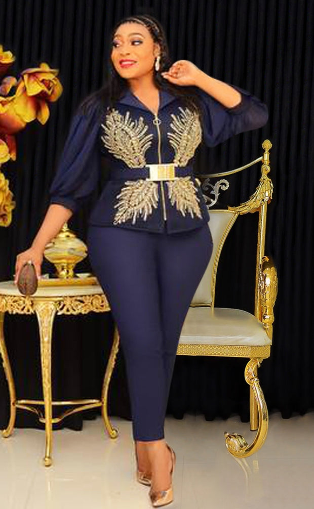 Audrey- 3pcs Embellished Mesh Blouse/Pant Set (NEW)