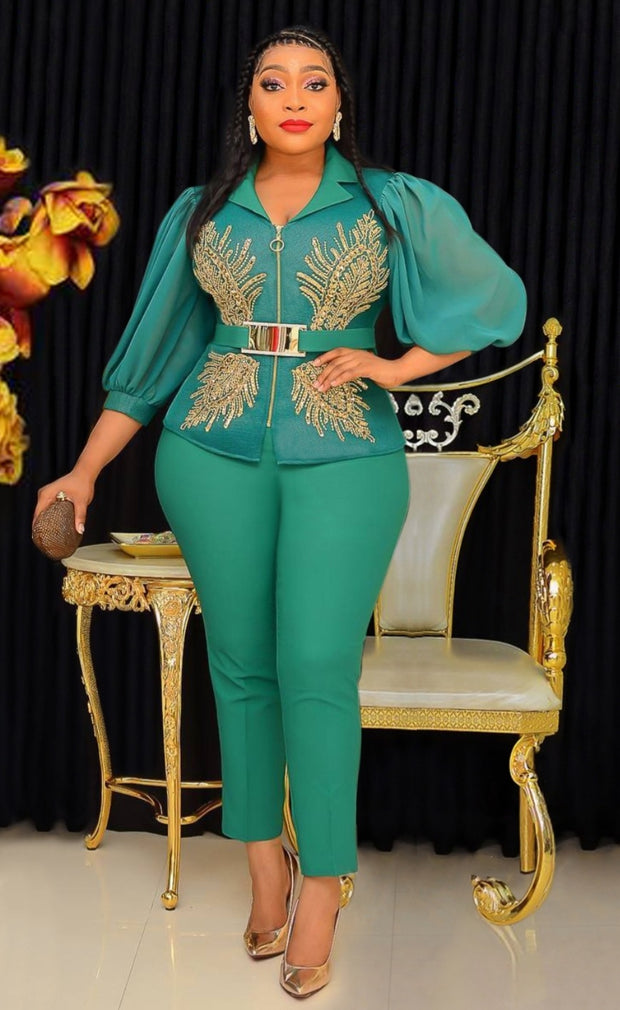 Audrey- 3pcs Embellished Mesh Blouse/Pant Set (NEW)