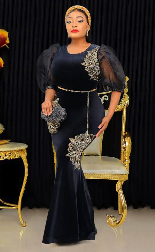 Diamante Sparkle- Blinged Floor Length Velvet Dress (NEW)