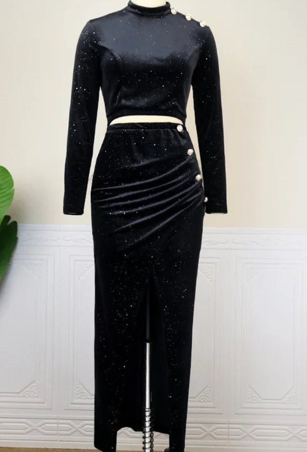 Bellucci- Cut Out Waist Overlay Slit Velvet Dress (New)