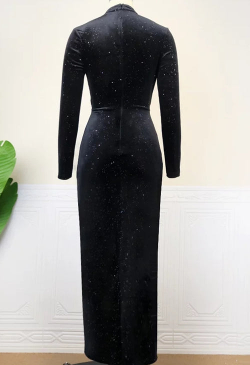 Bellucci- Cut Out Waist Overlay Slit Velvet Dress (New)