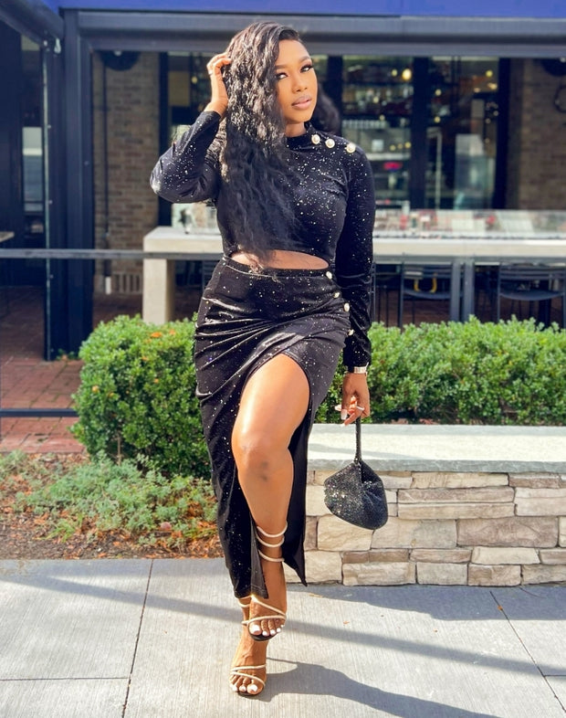 Bellucci- Cut Out Waist Overlay Slit Velvet Dress (New)