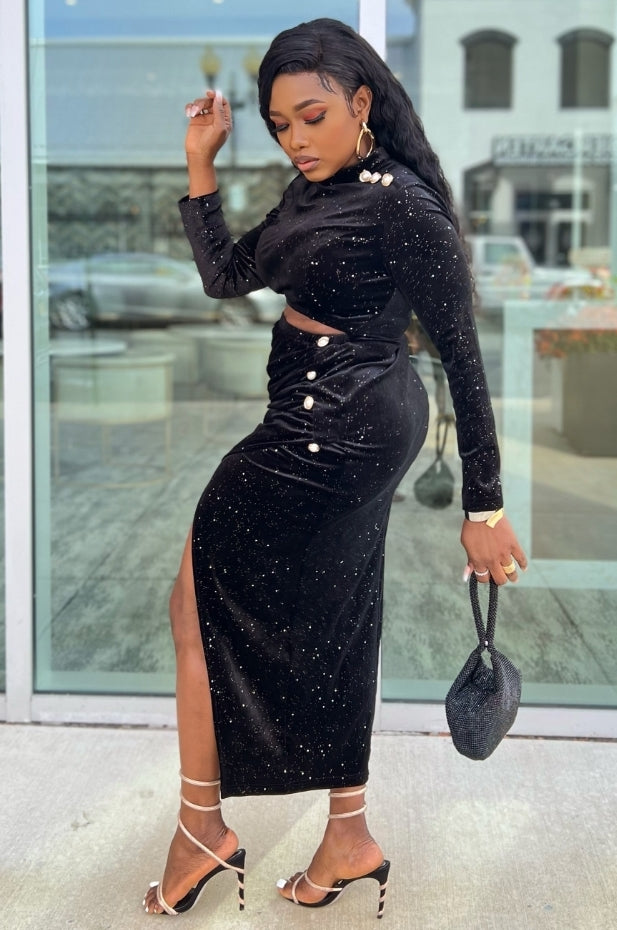 Bellucci- Cut Out Waist Overlay Slit Velvet Dress (New)