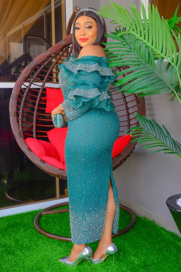 Paradise Glam Luxe- Blinged Ruffle Sleeve Dress/Belt (New)