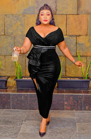 FINAL SALE! Opal Elegance Luxe- Overlay Ruffles Slit Dress/Belt (CLEARANCE OUTLET! Final Sale/No Return/No Exchange!)