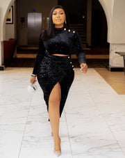 Bellucci- Cut Out Waist Overlay Slit Velvet Dress (New)