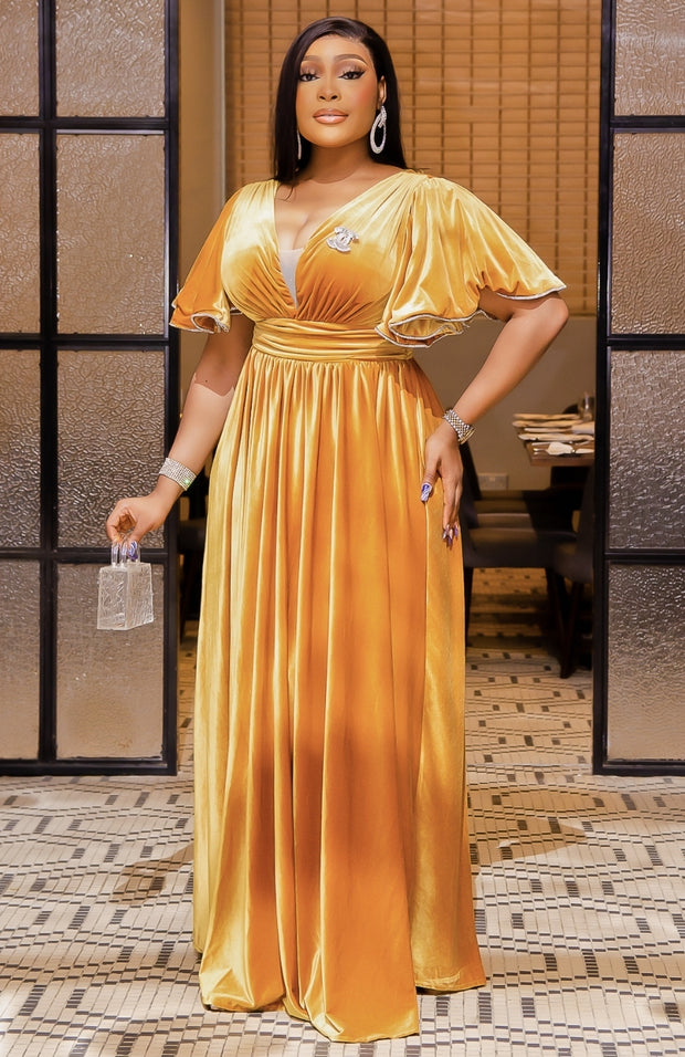 Genette Haute- Rhinestone Flutter Sleeve Ball Length Dress (New)