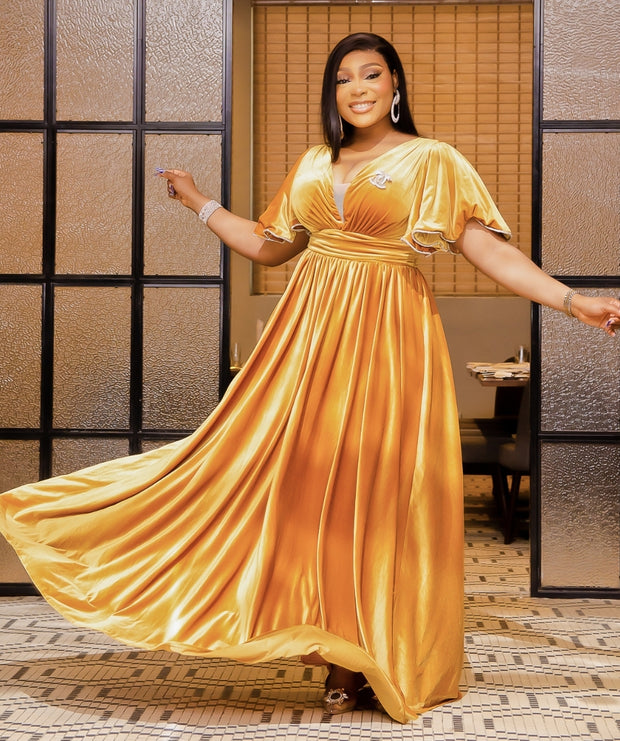 Genette Haute- Rhinestone Flutter Sleeve Ball Length Dress (New)
