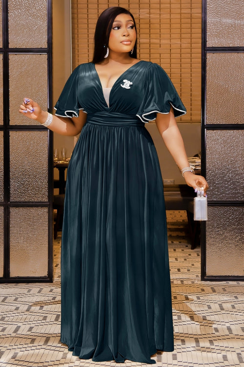 Genette Haute- Rhinestone Flutter Sleeve Ball Length Dress (New)