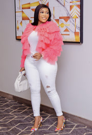 PEACHY QUEEN- 3D Tulle Ruffle Layer Open Front Blouse