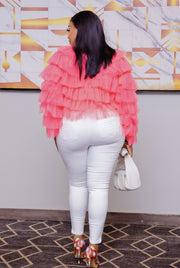 PEACHY QUEEN- 3D Tulle Ruffle Layer Open Front Blouse