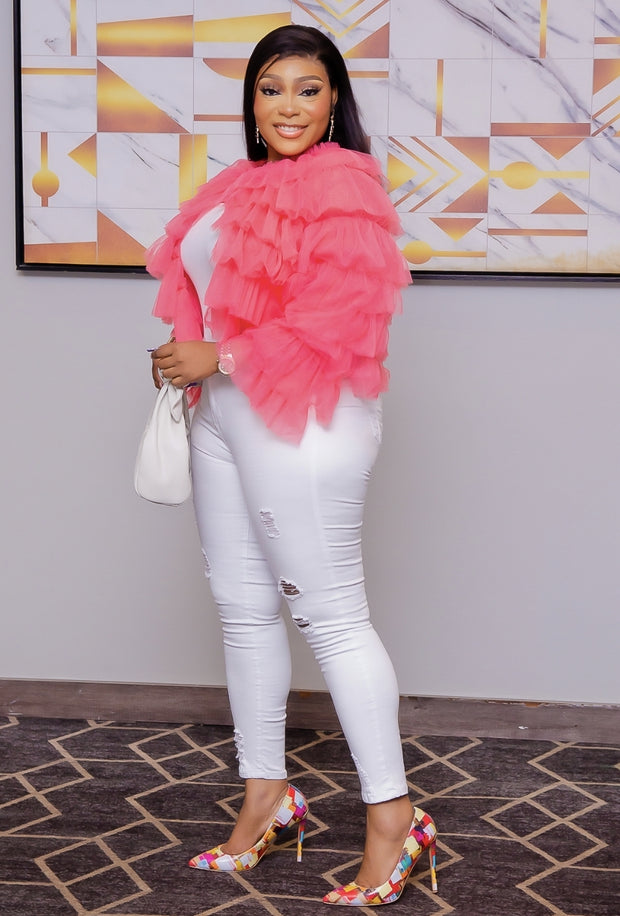 PEACHY QUEEN- 3D Tulle Ruffle Layer Open Front Blouse