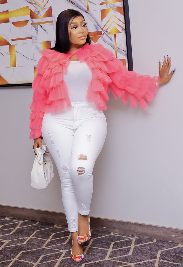 PEACHY QUEEN- 3D Tulle Ruffle Layer Open Front Blouse