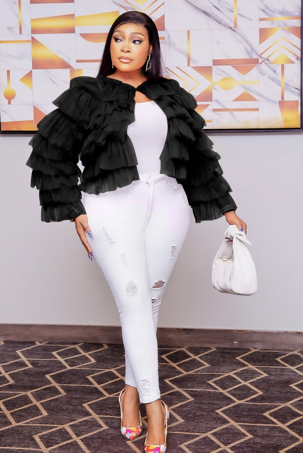 PEACHY QUEEN- 3D Tulle Ruffle Layer Open Front Blouse