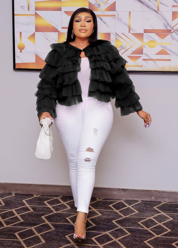 PEACHY QUEEN- 3D Tulle Ruffle Layer Open Front Blouse