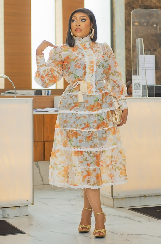 Athena- Floral Swing Midi Dress/tie belt (NEW)