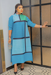 Queene LONG SLEEVE- Pleats Colorblock Dress (NEW)