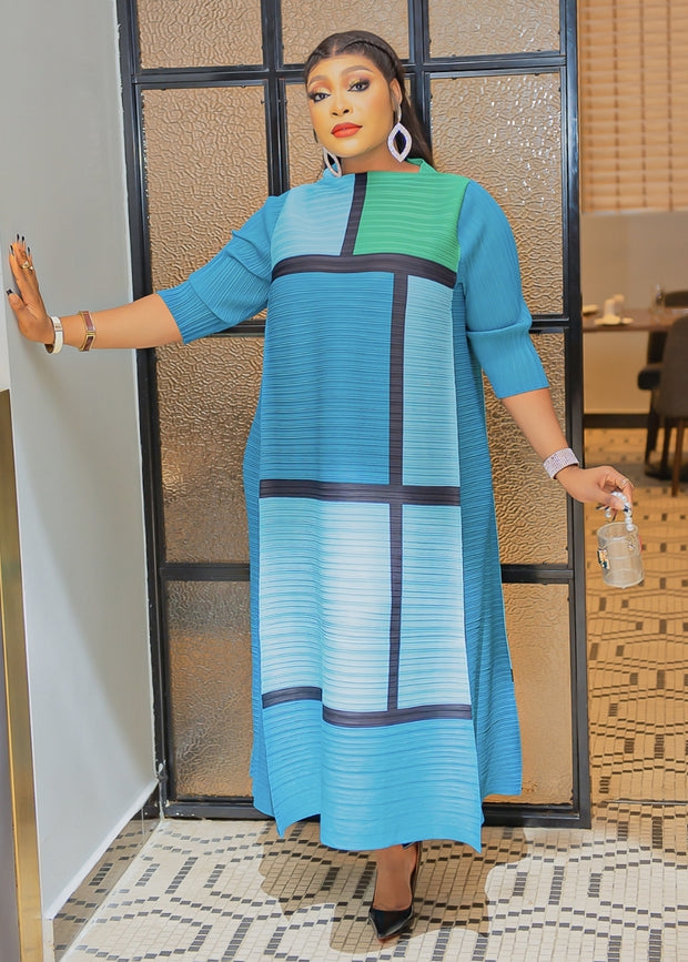 Queene LONG SLEEVE- Pleats Colorblock Dress (NEW)
