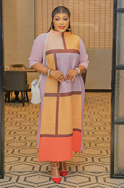 Queene LONG SLEEVE- Pleats Colorblock Dress (NEW)