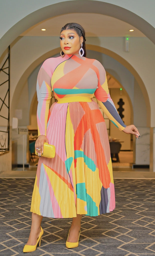Sunshine Beauty Pleats- Mesh Long Sleeve Top and LONG Pleated Skirt Set (New)