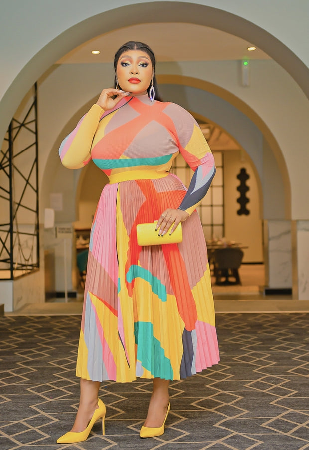 Sunshine Beauty Pleats- Mesh Long Sleeve Top and LONG Pleated Skirt Set (New)