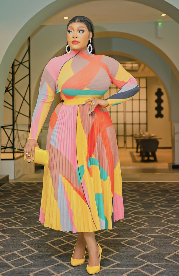 Sunshine Beauty Pleats- Mesh Long Sleeve Top and LONG Pleated Skirt Set (New)