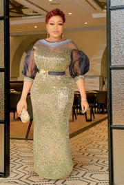 Belle Attraction Luxe- Blinged Mesh/Sequin Floor Length Dress with Belt (NEW)