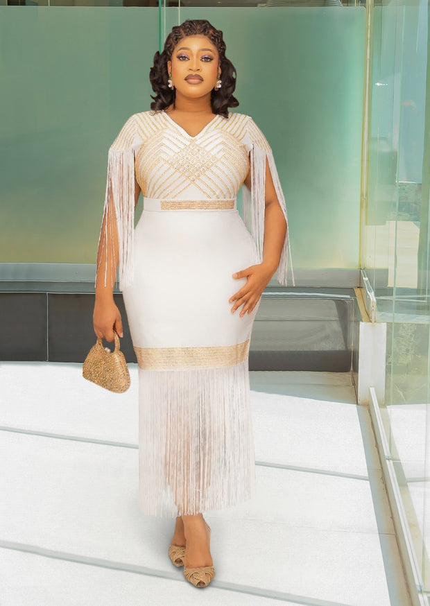 Lia Haute- Rhinestone Embellished Tassel Fringe Midi Dress/Belt (New)