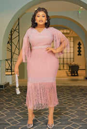 Lia Haute- Rhinestone Embellished Tassel Fringe Midi Dress/Belt (New)